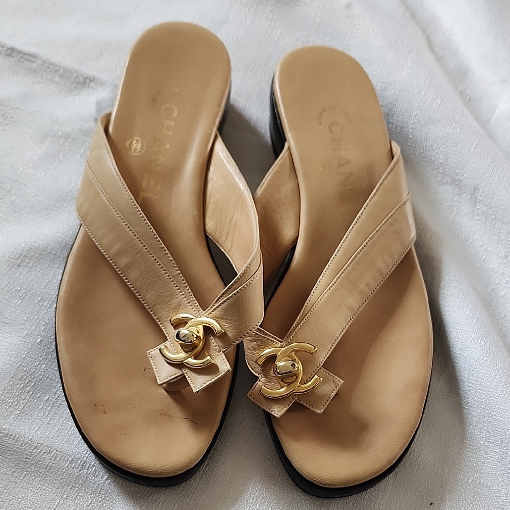 CHANEL Tan Sandals with Gold Logo